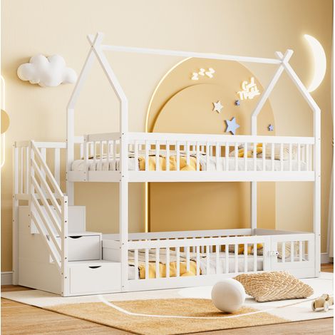 Cama litera infantil estilo casita de madera maciza blanca 90x200 cm con escalera segura y cajones (1/5)