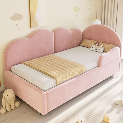 Canapé-lit d'angle convertible, matelas capitonné en velours rose, tête en nuage, dimensions 90x200 + 90x190, design gain de place, idéal lit bébé ou invité. (1/5)
