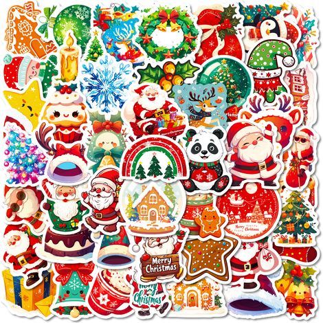 50 autocollants de Noël à motifs : bonnets de Père Noël et rennes – Autocollants décoratifs à faire soi-même pour cahiers, réfrigérateurs, valises – Cadeaux de Noël imperméables (1/4)