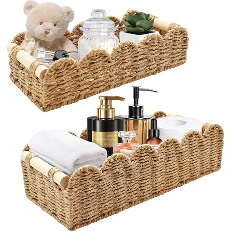 Paniers de Rangement, Panier Osier Tressés avec Anse, Corbeilles Boîte de Rangement Table à Langer, Panier Rangement pour Salle de Bain, Cuisine, Salon (Naturel) (1/5)