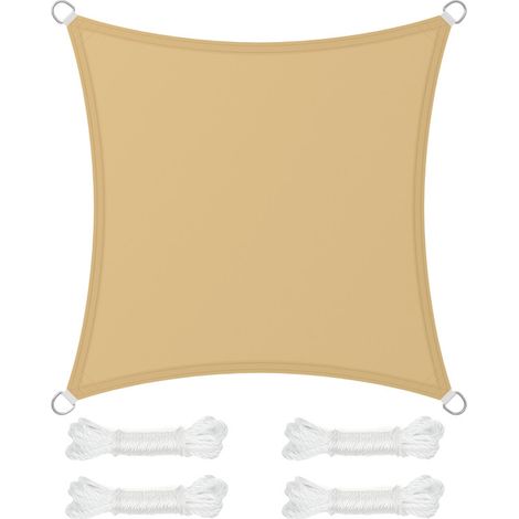 Voile d'Ombrage 3 x 3 m, Hydrofuge Colonne d’Eau de 665 mm, Polyester Anti-déchirure, Protection UV 93%, Terrasse, Jardin, Balcon, Carré, Cordes de 2 m, Jaune Sable (1/5)