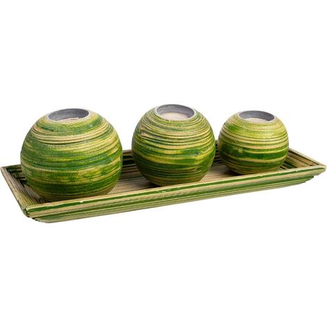 Juego bandeja y 3 portavelas de madera de bambú verde 33x13x3 cm (1/5)