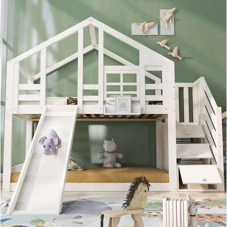 MODFU – Lit superposé cabane 90x200 cm – Toboggan – Escalier rangements – Bois – Blanc (1/5)
