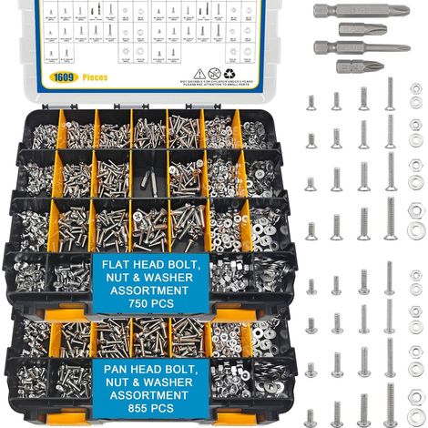 1609 Pièces Vis à Métaux Inox 304 A2 Cruciformes, Kit Tête Cylindrique + Tête Fraisée M2 M3 M4 M5, Écrous Hexagonaux et Rondelles Plates, Coffret 2 Niveaux + Embouts PH (1/5)