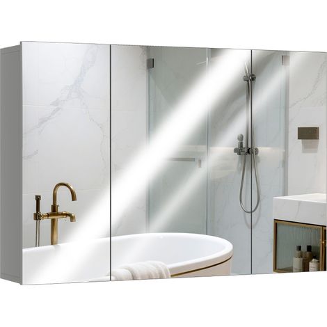 Armoire murale de salle de bain avec 3 portes miroir et étagères réglables en MDF gris, dim. 90 L x 15 P x 60 H cm (1/5)