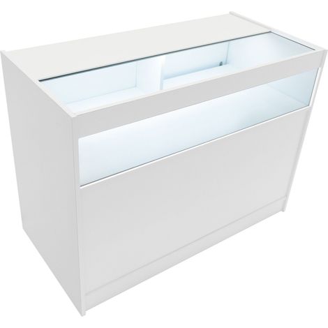 Comptoir de Vente en MDF Blanc LED Blancs Intégrés B1200 3 Étagères Portes Coulissantes Verouillables Rangement Commerciale Vitrine en Verre Acceuil Réception Bureau Vêtements Bijoux [2 Clés INCLUS]
