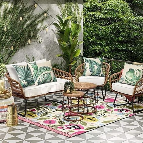 Extérieur Housse de Coussin, Lot de 2 Imperméable Plantes et Fleurs Tropicales et Oiseaux Motif Canapé Taie d'oreiller, 45x45cm (1/4)