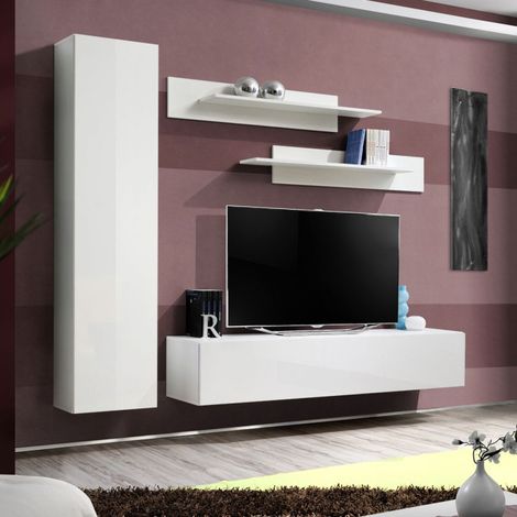 Ensemble Meuble TV Mural "Fly G1" 210cm Blanc (1/5)