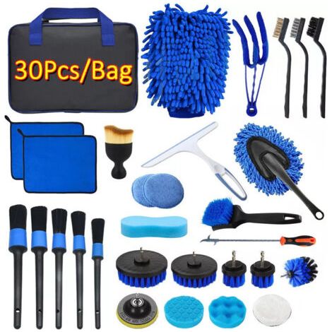Kit de nettoyage voiture 30 pièces – Brosses douces et absorbantes – Sac de transport inclus – Pour entretien intérieur et extérieur