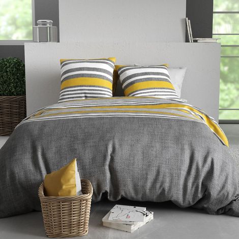 Parure housse de couette 260x240cm + 2 taies motif rayé gris et jaune 100% coton - STORY (1/4)