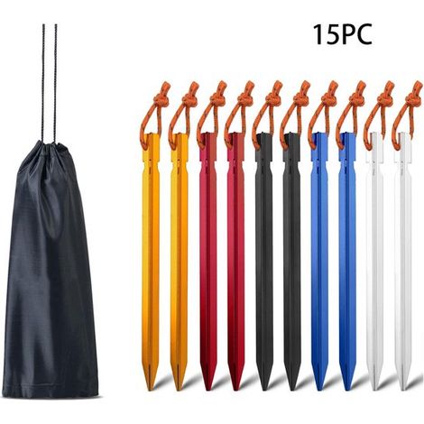 Set da tenda da 15 pezzi, comprensivo di picchetti, pali, ancoraggi a terra, picchetti, ganci, chiodi, corde e sacche per il trasporto. (1/5)