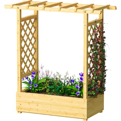 Hochbeet 110x44x113cm Naturholz mit seitlichem und oberem Rankgitter, Blumenkasten mit Abflusslöchern