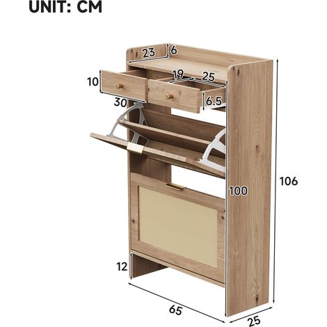 Scarpiera moderna con doppie ante in rattan, 2 cassetti e vani portaoggetti a più livelli, scarpiera stretta per corridoio e ingresso, effetto legno, 65 × 25 × 106 cm (1/5)