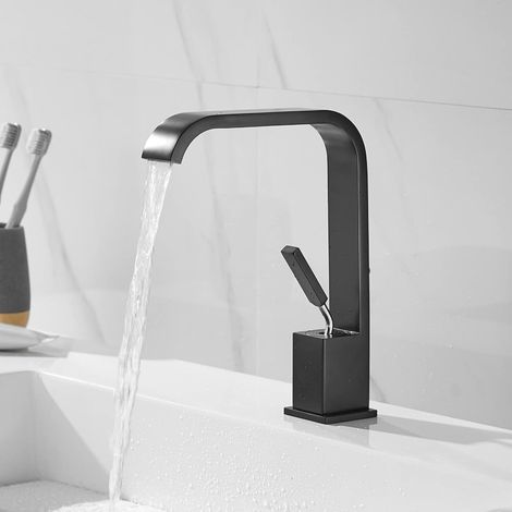 Mitigeur d'évier noir et blanc, robinet à trou unique, col de cygne à sept courbures, pour cuisine et salle de bain (1/4)