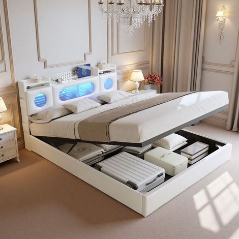 Bett 160x200 cm - Bett mit Stauraum 160x200 cm - LED - PU - Doppelbettgestell 160x200 cm - 2 Plätze - Mit Kopfteil und Lattenrost - Weiß