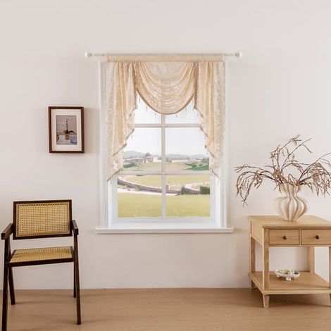 Rideau en dentelle florale vintage - Habillage de fenêtre cascade pour cuisine, salon, salle de bain, café - Beige 1,5 mètre Beige 150105cm Beige-150105cm-Beige (1/2)