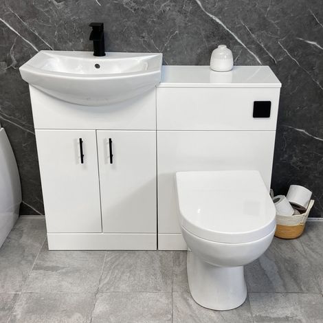 Bathroom Vanity Suite 1050mm White Gloss with Black Handles and Flush Button, With Tap & Waste