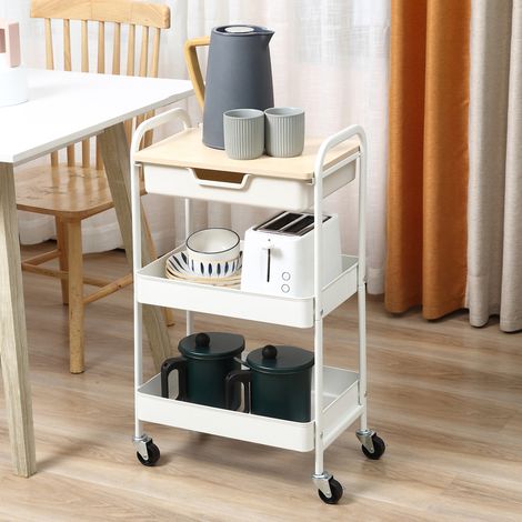 Carrello da cucina con ruote, 2 ripiani, cassetto, vano portaoggetti, 4 ruote, maniglie, acciaio, bianco (1/5)