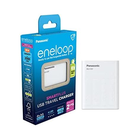 eneloop SmartPlus Travel Cargador USB, para 1-4 Pilas Recargables AA/AAA, 2.25h de Tiempo de Carga, 10 Funciones de Seguridad, 4 Pilas eneloop AA (2000 mAh) Incluidas (1/5)
