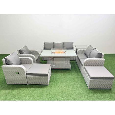 Fimous PE Rattan Garden Furniture Set Reclining Chair Sofa Double Love Seat 2 Seater Sofa Lounge Set Firepit Dining Table 2 Big Footstool Side Table Light Grey (1/4)