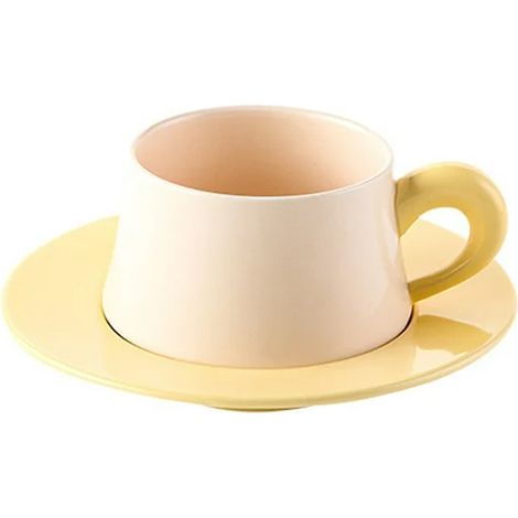 1 Mug, Soucoupe, Céramique, 280ml, Cuisson haute température, Jaune, café, Thé après-midi (1/5)