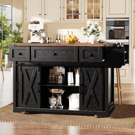 Îlot de cuisine roulant noir 120,2x45,3/75x91,5 cm, MDF et métal, 3 tiroirs, avec prises, USB et tablette rabattable (1/5)