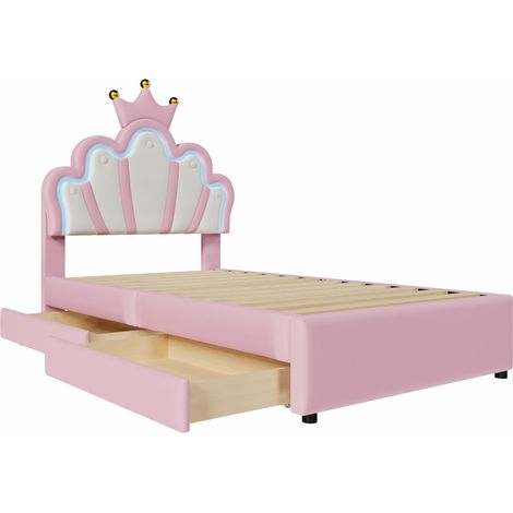 Prinzessinnen-Bett 90 x 200 cm aus rosa PU mit LED 16 Farben und 2 Schubladen (1/5)