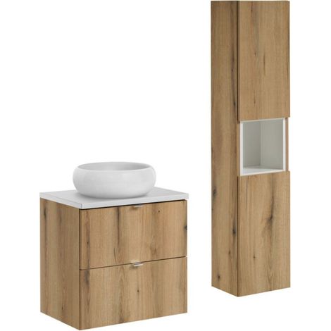 Ensemble VANO Eichen- und Weißoptik 90cm: Unterschrank mit Schubladen + Platte für Waschbecken + aufsatzrunde Waschbecken + Säule
