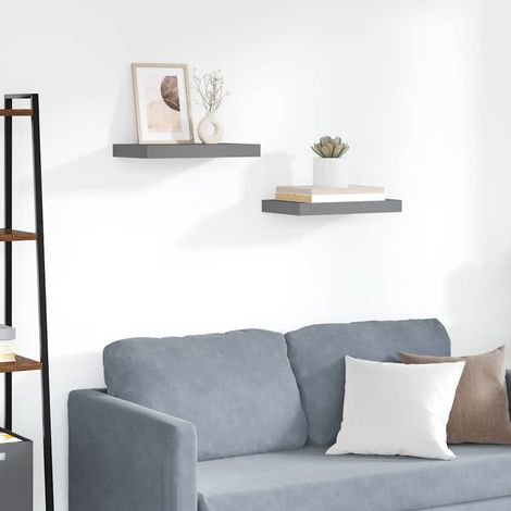 Schweberegale 2 Stk. Hochglanz-Grau 40x23x3,8 cm MDF
