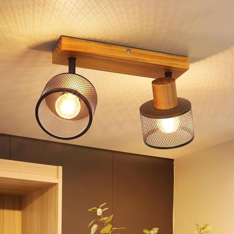 GBLY Deckenlampe Flur Deckenstrahler Holz Vintage Deckenleuchte 2 flammig E14 Flurlampe Schwarz aus Metall Wandstrahler Schwenkbar mit Gitterschirm Retro Spotleuchte für Küche Bar ohne Leuchtmittel (1/4)