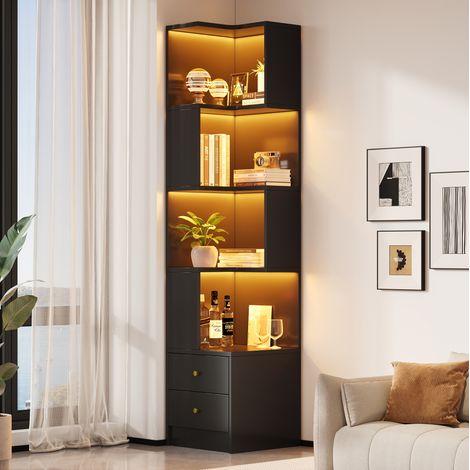 Étagère d'angle L 45 x 43,5 x 180 cm avec LED pilotée par app, 2 tiroirs, noir DESVIAE (1/5)