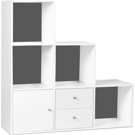 Idmarket – Meuble de rangement en escalier 3 niveaux – Dimensions L.88 x H.88 x P.30 cm – Bois blanc et gris – Avec porte et 2 tiroirs coulissants