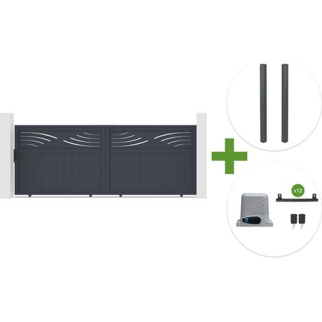 Portail coulissant 3,7m HALTI H.140cm aluminium gris + 2 poteaux ELDA 15x15cm + motorisation Ranger C300 (1/5)