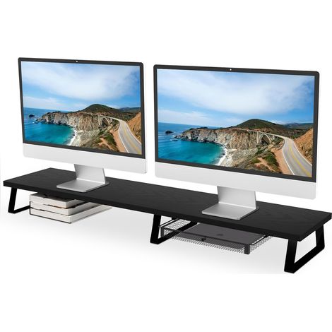 Large Monitor Stand with Drawer,Support d'écran double en bois,Support d'écran, pour ordinateur portable/ordinateur/PC/TV, bureau avec rangement, Noir (1/5)