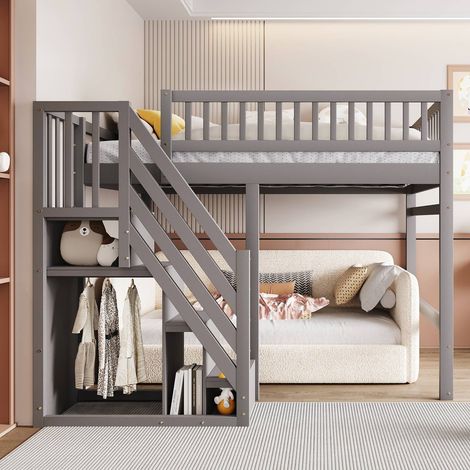 Lit enfant 140x200cm en bois massif gris avec escalier et rangements intégrés, lit haut sécurisé (1/5)