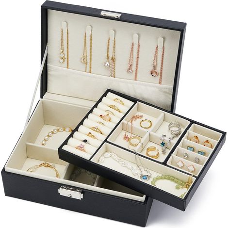 Girls Two Layer Jewelery Box, Pu Leather Lockable Jewelery Box, Jewelery Storage for Storing Rings Earrings Necklace Bracelet, Jewelery Boxes for Girls Women (Black) (1/5)