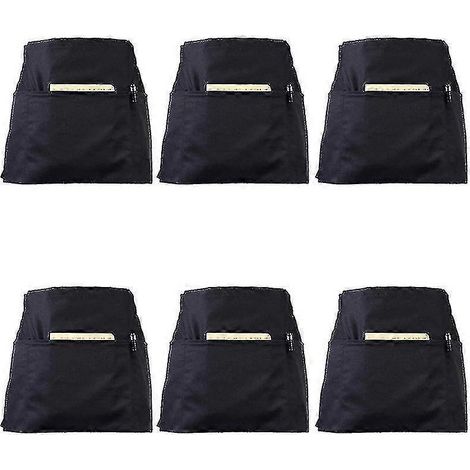 Lot de 6 tabliers noirs à taille haute avec 3 poches - Demi-tabliers pour serveurs et serveuses, 61 x 30 cm (1/5)