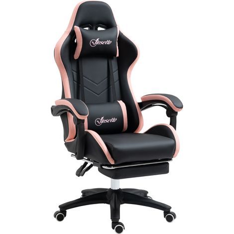 Chaise de bureau gaming, fauteuil gamer, 1 appui-tête, 1 soutien lombaire, rose et noir (1/5)