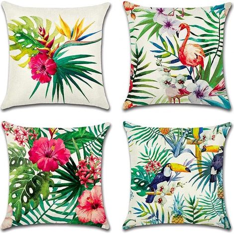 Juego de 4 fundas impermeables para cojines de exterior con estampado de plantas y flores tropicales. (1/5)