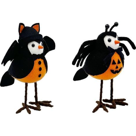 Set mit 2 Halloween-Vogelfiguren, gefiederte Vögel, stehende Vogeldekorationen für Tisch oder Fenster. (1/5)