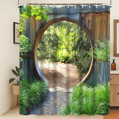 Rideau de Douche Jardin Japonais Forêt de Printemps Rideau de Salle de Bain Paysage Naturel Porte en Bois Rustique en Forme de Cercle Plante Verte ensoleillée Rideau de Douche 240x180cm (1/5)