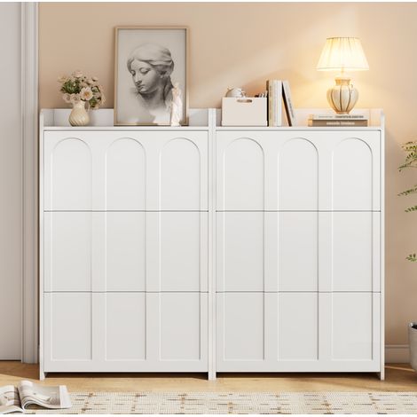Scarpiera 140x25x120 cm con 6 ante a ribalta, 12 scomparti, cassetto superiore, MDF bianco (1/5)