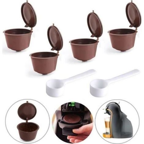 4-teiliges Set wiederverwendbarer Espresso-Kaffeekapselfilter mit 2 Löffeln für Dolce Gusto und Nescafé, Braun L10674 (1/4)
