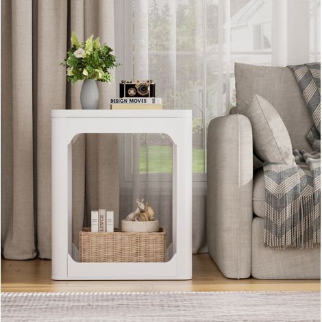 Set de 2 tables d’appoint 50x40x60 cm blanches en MDF avec 2 niveaux de rangement (1/5)