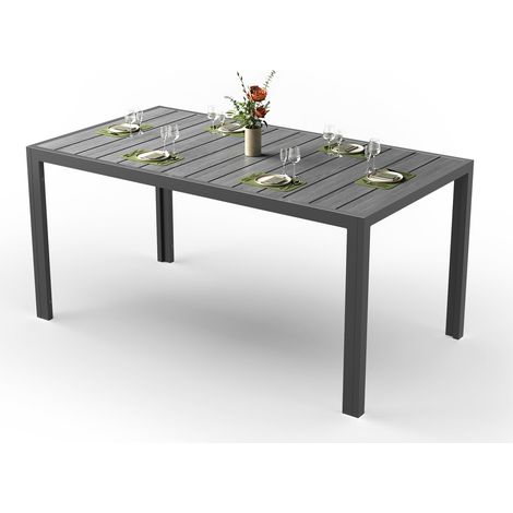 Table de Jardin Extérieur 150x80cm pour 4-6 Personnes, Cadre en Aluminium, Design Aspect Bois, Antirouille, Facile à Nettoyer et Imperméable - Idéale pour Tous Les Espaces Extérieurs, Gris (1/5)