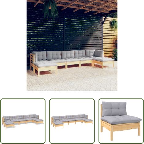 Holzgartenmöbel - 7-tlg. Garten-Lounge-Set mit Grauen Kissen Kiefernholz (1/5)