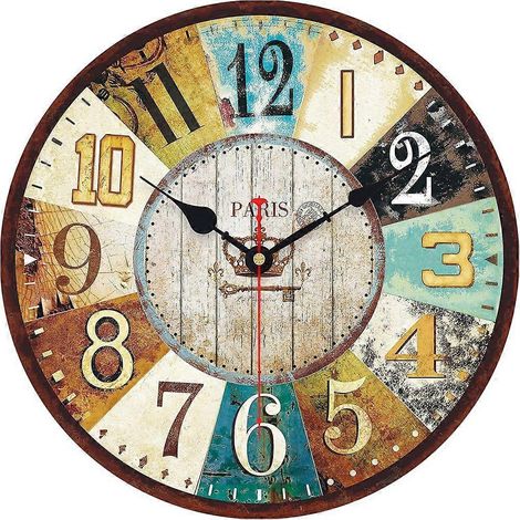 Horloge murale en bois de 35,5 cm (14 pouces)à pilesstyle rétro rustiquedécorativeavec chiffres arabescoloréesilencieuse et sans tic-tac. (1/5)