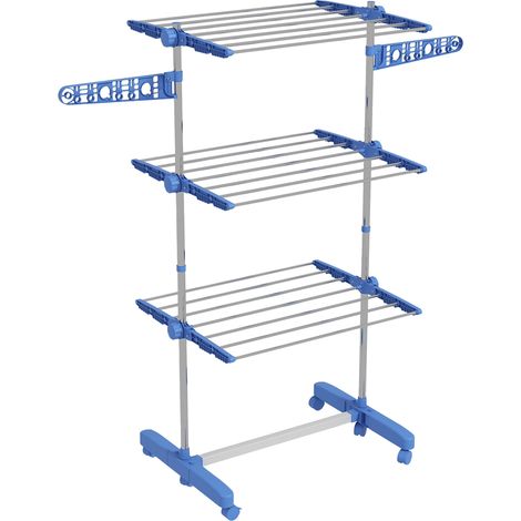 Séchoir à linge pliant 3 niveaux avec roulettes en acier bleu (1/5)