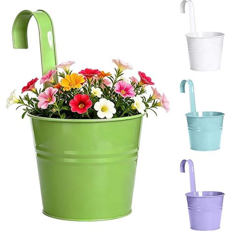 Pot de Fleurs Suspendu Métal, Pot de Fleur Exterieur avec Trou de Drainage, Pot de Fleur Métal avec Crochet, Balcon, Jardin, Balustrade (1/5)