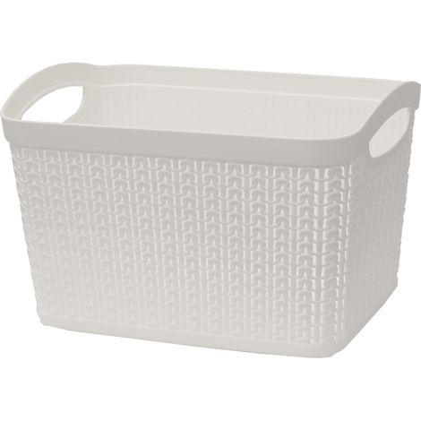 Knit Design Loop Plastic Rectangular Small Storage Basket with Handles, Ivory (1/3)